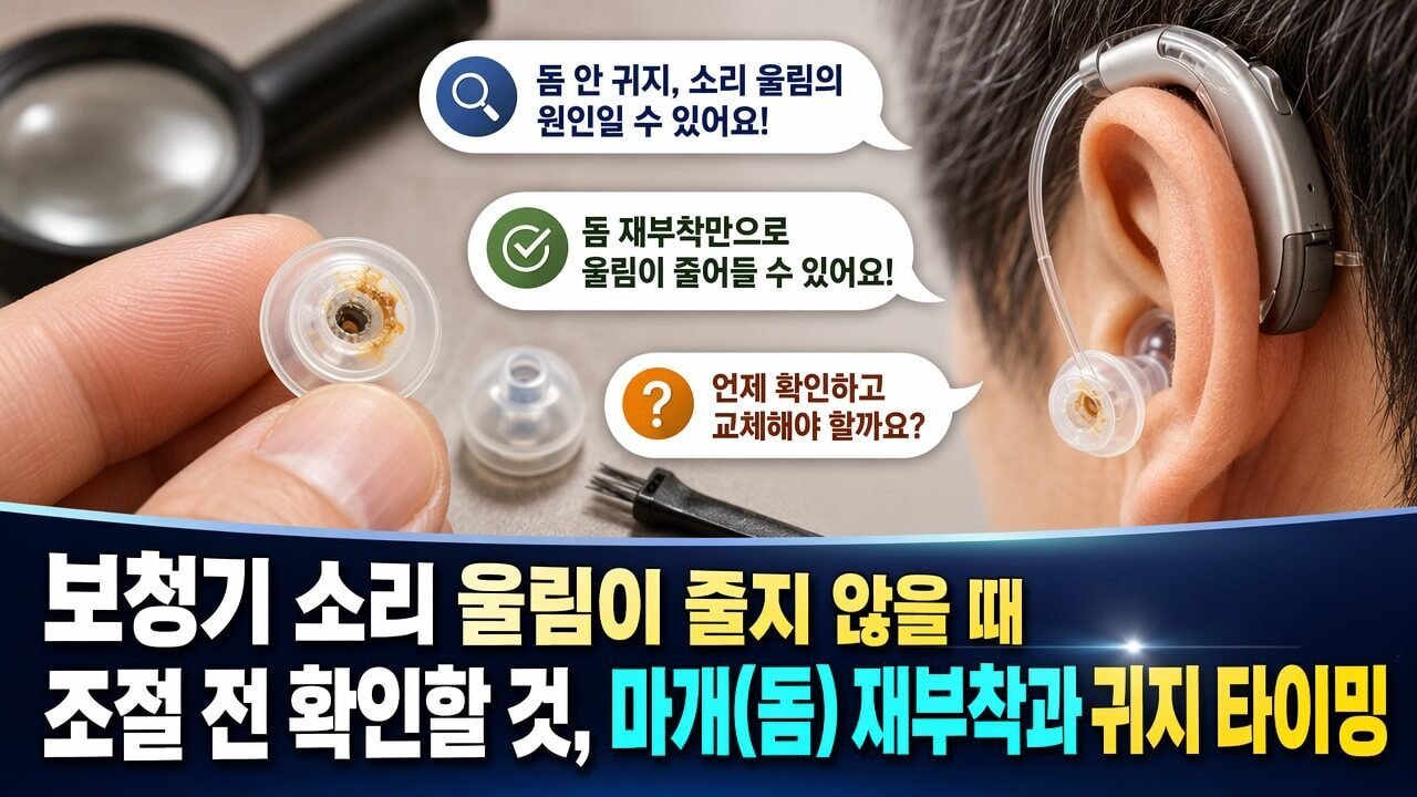 보청기 소리 울림이 줄지 않을 때 조절 전 확인할 것, 마개(돔) 재부착과 귀지 타이밍